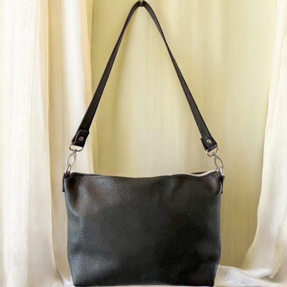 Full Grain Leather Zipper Pebbled Black Charlotte Shoulder Bag Purse or Crossbody Bag