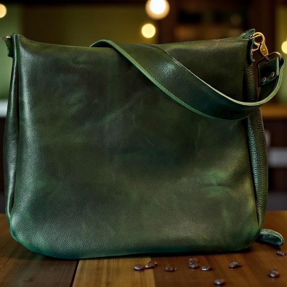 Full Grain Real Leather Zipper Forest Green Dog 1975 Boho Crossbody or Shoulder Bag Purse - Large