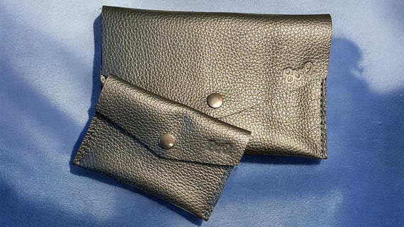 Full Grain Leather Pebbled Pewter Envelope Pouch