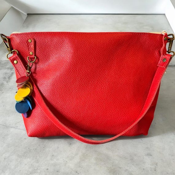 Full Grain Leather Zipper Pebbled Red Penny Shoulder Bag Purse or Crossbody Bag
