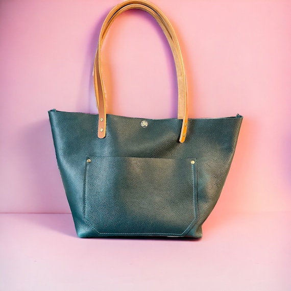 Full Grain Real Leather Dark Teal Leather Classic Tote Bags-Small-Medium-Large-Extra Large