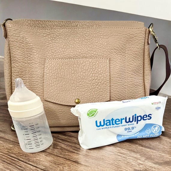 Full Grain Real Leather Zipper Baby Diaper Bag Pebbled Taupe Crossbody or Shoulder Diaper Bag