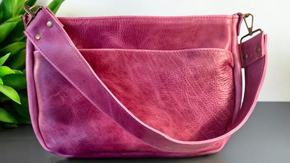 Full Grain Real Leather Zipper Pink Dog 1975 Boho Crossbody or Shoulder Bag Purse - Small