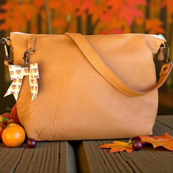 Full Grain Leather Zipper Tapioca Charlotte Shoulder Bag Purse or Crossbody Bag