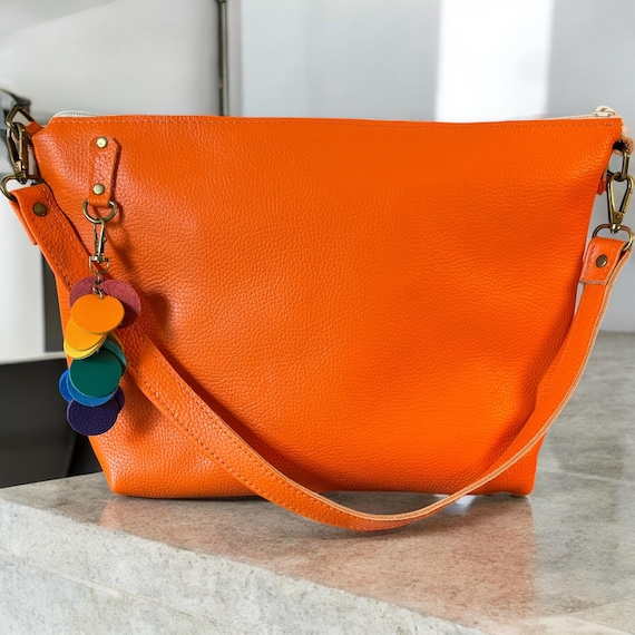 Full Grain Leather Zipper Pebbled Orange Penny Shoulder Bag Purse or Crossbody Bag