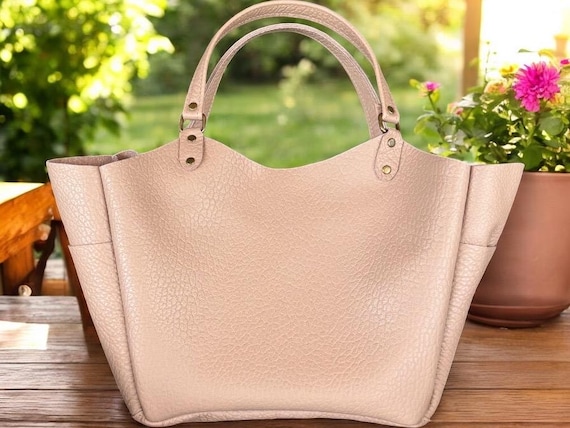 Full Grain Authentic Real Leather Pebbled Taupe Leather Kahuna Tote Bags