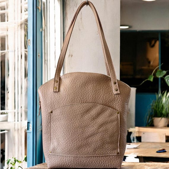 Full Grain Real Authentic Leather Pebbled Taupe Crescent Half Moon Shoulder Zipper Bag Purse North South or East West