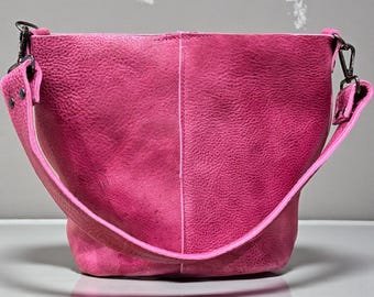 Full Grain Real Leather Pink Dog Mini Bucket Crossbody or Shoulder Bag Purse