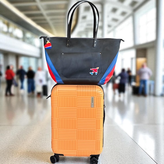 Full Grain Customizable Zipper Airline Leather Travel Tote Bags w/ Trolly Suitcase Sleeve-Southwest, United, American, Delta