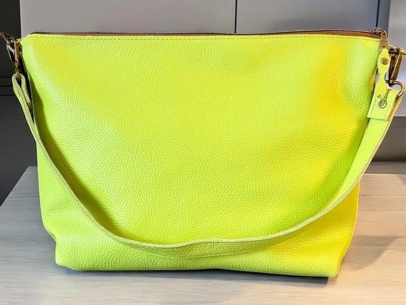Full Grain Leather Zipper Pebbled Lime Penny Shoulder Bag Purse or Crossbody Bag
