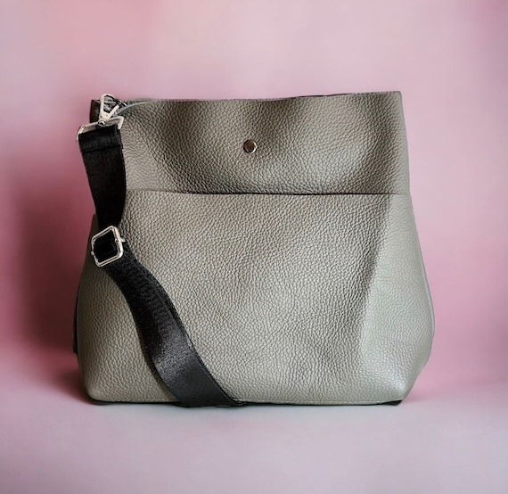 Full Grain Real Leather Authentic Pebbled Grey Super Stevie Crossbody or Shoulder Bag Purse