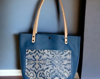 Authentic Spanish Blue Tile Leather Classic Tote Bags-Sm/Md/Lrg/XLrg