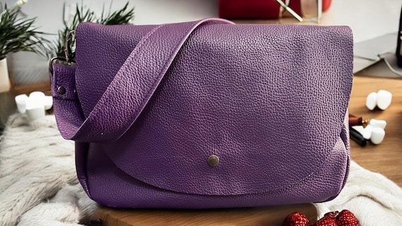 Full Grain Real Leather Authentic Pebbled Purple Saddle Bag Crossbody or Shoulder Bag Purse