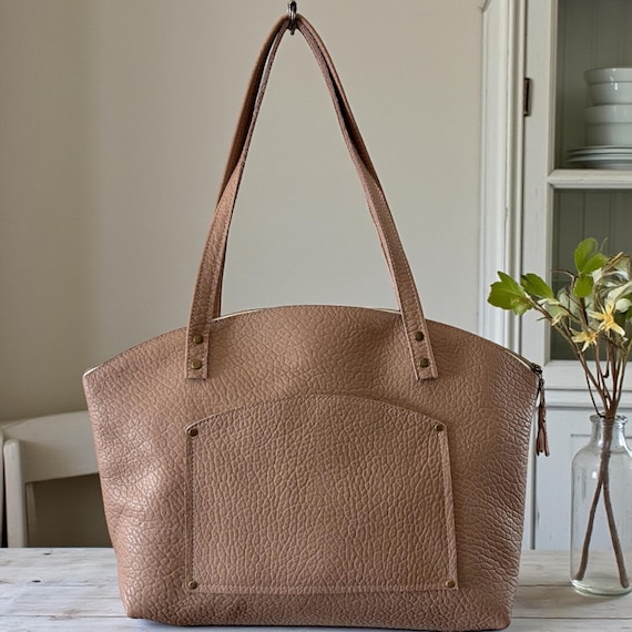 Full Grain Real Authentic Leather Pebbled Taupe Crescent Half Moon Shoulder Zipper Bag Purse North South or East West