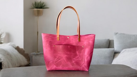 Full Grain Real Leather Authentic Cross-Body Magnetic Pink Leather Classic Tote Bags-Small-Medium-Large-Extra Large