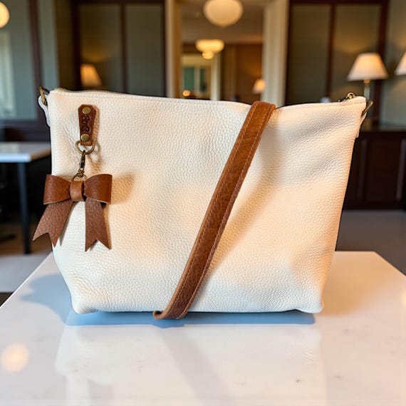 Full Grain Leather Zipper Chalk & Bourbon White Charlotte Shoulder Bag Purse or Crossbody Bag