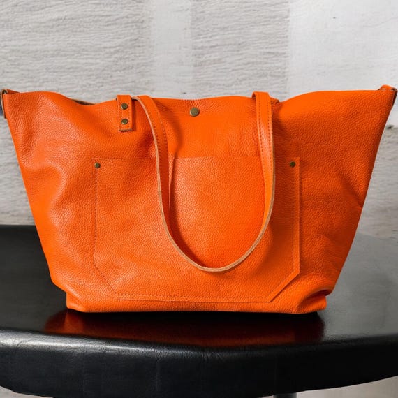 Full Grain Real Leather Authentic Pebbled Orange Leather Classic Tote Bags-Small-Medium-Large-Extra Large