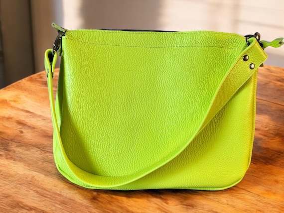 Full Grain Real Leather Zipper Pebbled Lime 1975 Boho Crossbody or Shoulder Bag Purse - Small