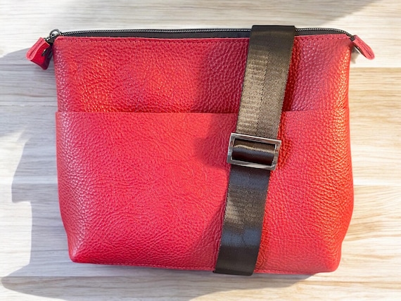 Full Grain Authentic Real Leather Zipper Red Dog Mini Stevie Crossbody or Shoulder Bag Purse