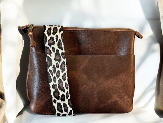 Full Grain Authentic Real Leather Zipper Brown Dog Mini Stevie Crossbody or Shoulder Bag Purse