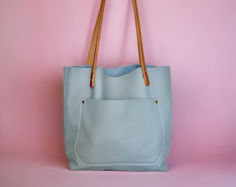 Authentic Pebbled Baby Blue Leather Classic Tote Bags-Sm/Md/Lrg/XLrg