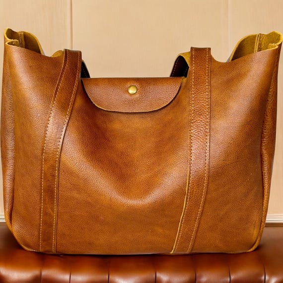 Full Grain Authentic Real Leather Saddle Remi Tote Bag with Flap