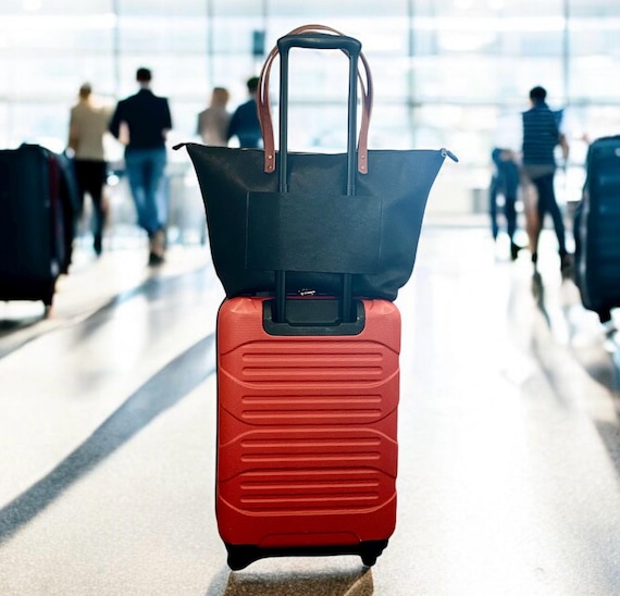 Full Grain Real Zipper Black Dog Leather Travel Tote Bags With Trolly Suitcase Sleeve-Small-Medium-Large-Extra Large