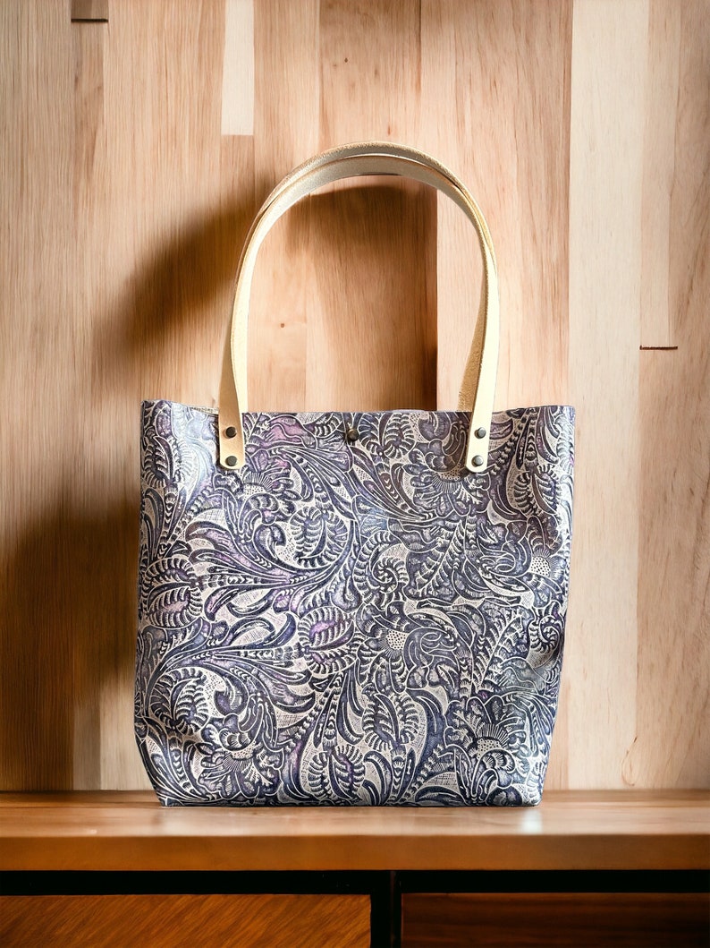 Authentic Embossed Dark Purple Floral Leather Classic Tote Bags-Sm/Md/Lrg/XLrg image 2