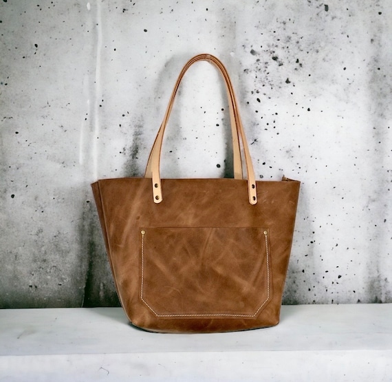 Full Grain Real Leather Authentic Zipper Chocolate Leather Tote Bags-Small-Medium-Large-Extra Large