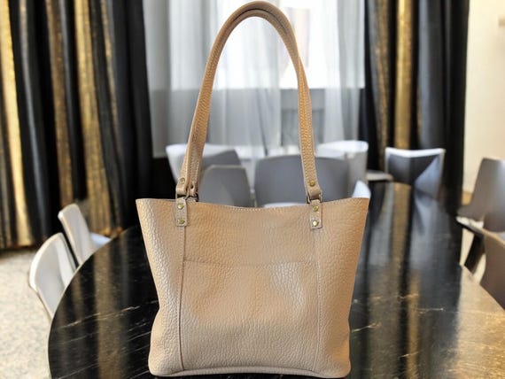 Full Grain Authentic Real Leather Pebbled Taupe Leather Bazzar Tote Bags