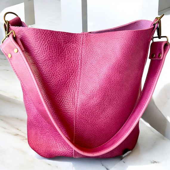 Full Grain Real Leather Pink Dog Bucket Crossbody or Shoulder Bag Purse