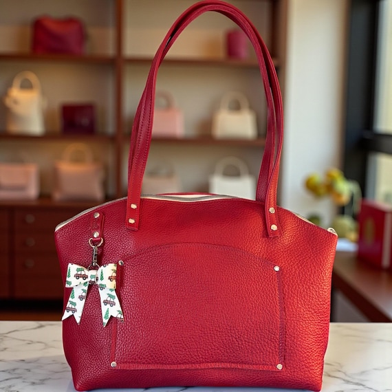 Full Grain Real Authentic Leather Red Dog Crescent Half Moon Shoulder Zipper Bag Purse North South or East West