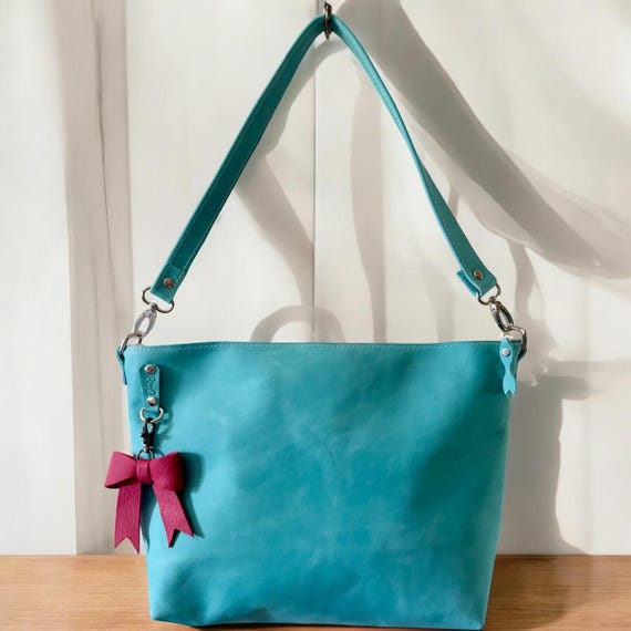 Full Grain Leather Zipper Aqua Penny Shoulder Bag Purse or Crossbody Bag