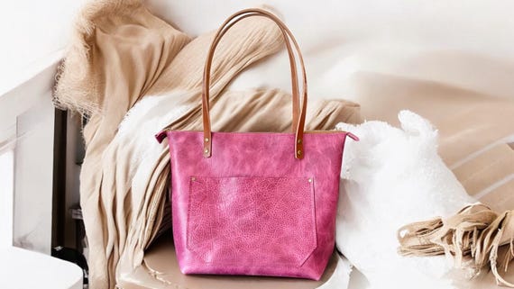 Full Grain Real Leather Zipper Pink Dog Leather Tote Bags-Small-Medium-Large-Extra Large