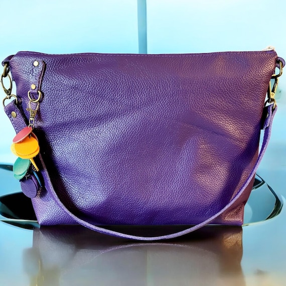 Full Grain Leather Zipper Pebbled Purple Penny Shoulder Bag Purse or Crossbody Bag