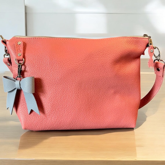 Full Grain Leather Zipper Blush Charlotte Shoulder Bag Purse or Crossbody Bag