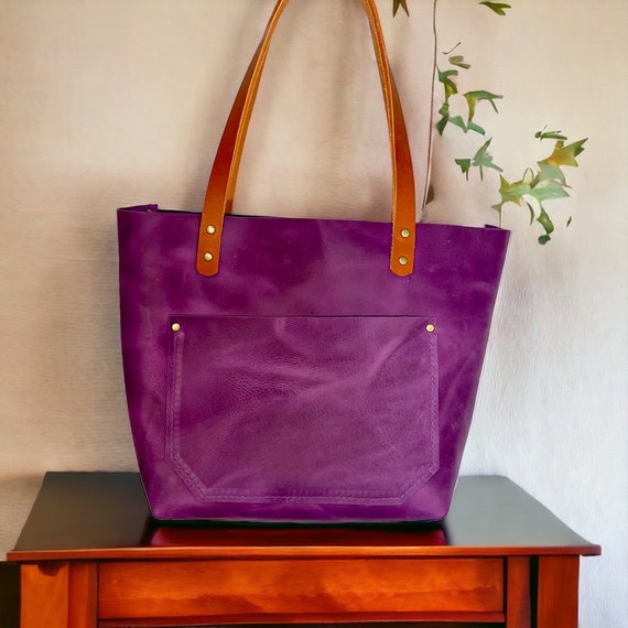 Full Grain Real Leather Authentic Grape Purple Leather Classic Tote Bags-Small-Medium-Large-Extra Large