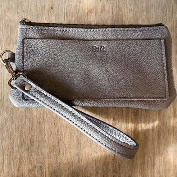 Full Grain Real Leather Authentic Zipper Pebbled Pewter Wristlet Cellphone Holder Purse