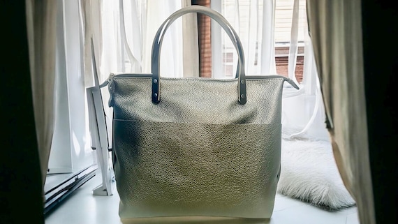 Full Grain Real Leather Zipper Pebbled Pewter Super Stevie Crossbody or Shoulder Bag Purse