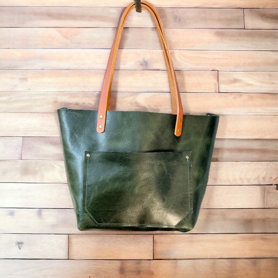 Full Grain Real Leather Authentic Green Leather Classic Tote Bags-Small-Medium-Large-Extra Large