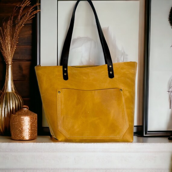 Full Grain Real Leather Authentic Cross-Body Yellow Mustard Leather Classic Tote Bags-Small-Medium-Large-Extra Large