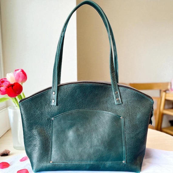 Full Grain Real Authentic Leather Dark Teal Crescent Half Moon Shoulder Zipper Bag Purse North South or East West