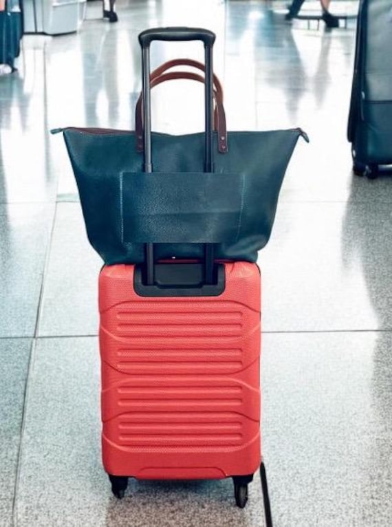 Full Grain Real Zipper Dark Teal Leather Travel Tote Bags With Trolly Suitcase Sleeve-Small-Medium-Large-Extra Large