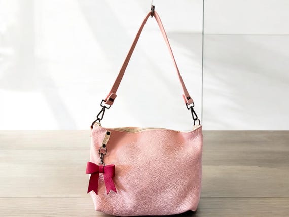 Full Grain Leather Zipper Pebbled Pink Penny Shoulder Bag Purse or Crossbody Bag