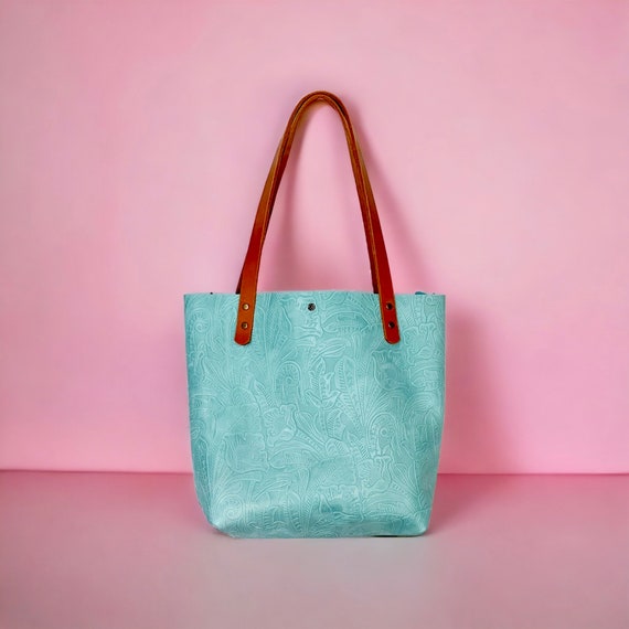 Full Grain Real Leather Zipper Embossed Aqua Leather Tote Bags-Small-Medium-Large-Extra Large