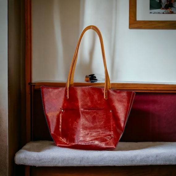 Full Grain Real Leather Authentic Cross-Body Icon Red Leather Classic Tote Bags-Small-Medium-Large-Extra Large