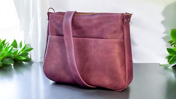 Full Grain Real Leather Zipper Grape 1975 Boho Crossbody or Shoulder Bag Purse - Small
