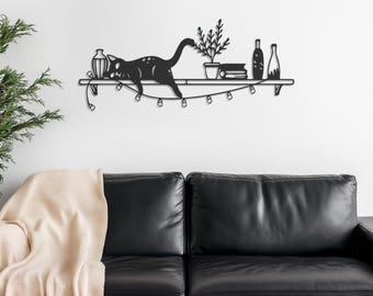 Cat on Shelf Wall Art, Cute Cat Wall Art, Cat Wall Decor, Gift for Cat Mom, Metal Wall Hanging, Unique Feline Decor, Unique Gift Idea