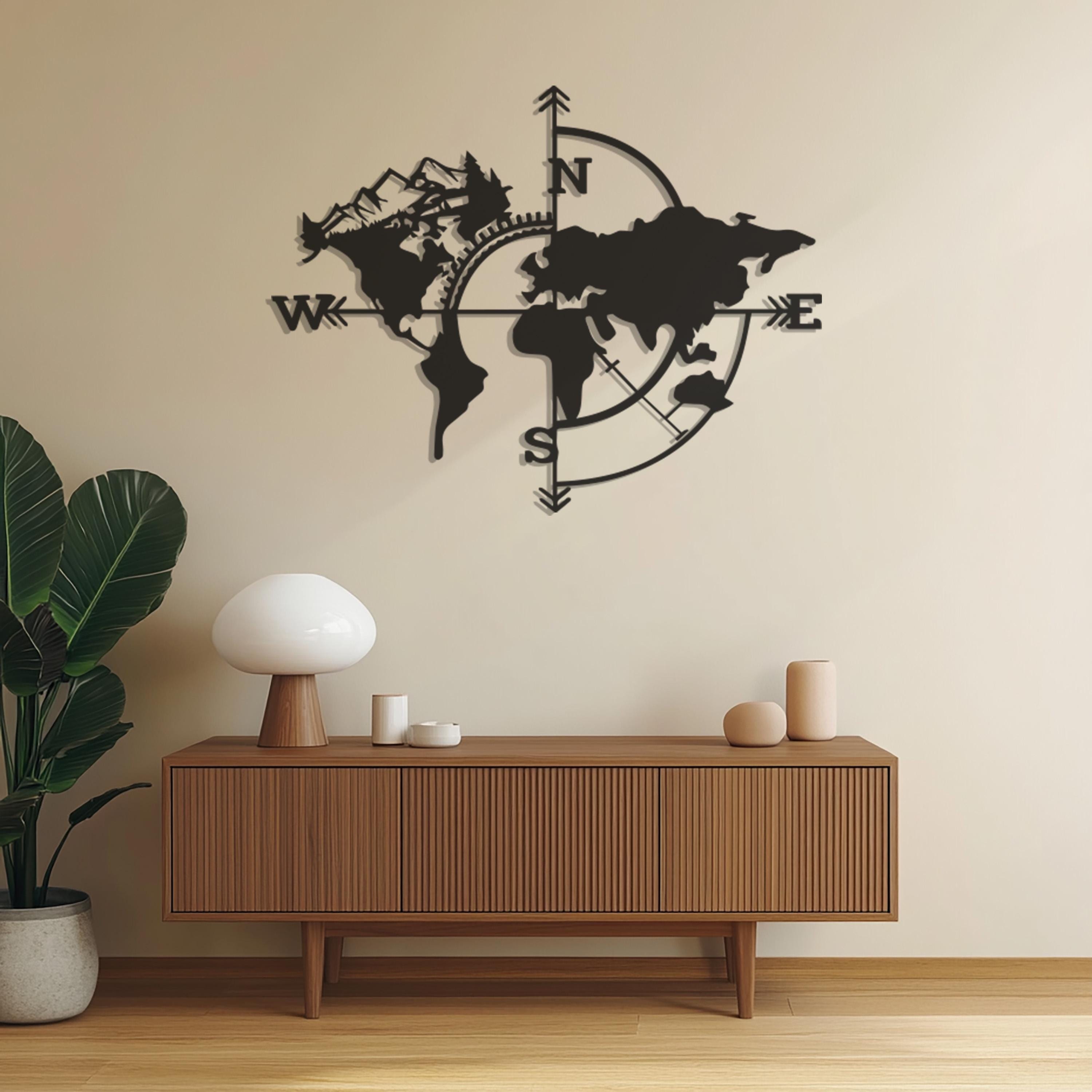 Compass Wall Art, World Map Wall Art, Metal Wall Decor, Office Decor ...