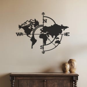 Kompass Wandkunst, Weltkarte Wandkunst, Metall Wanddekor, Büro Dekor, Metall Wohnkultur, Weltkarte Zeichen, Büro Geschenk, Wohnzimmer Dekor